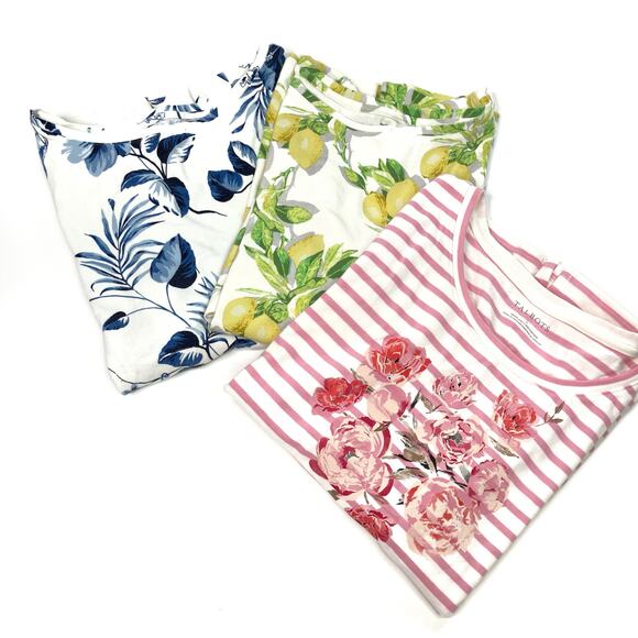 Talbots | Lot of 3 3/4 Sleeve Floral Stripe Lemon Monkey Cotton Tees Women L - Picture 1 of 14